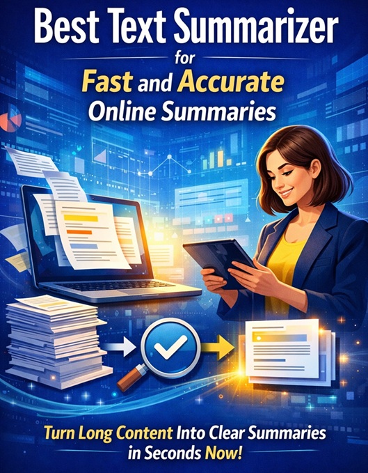 Illustrated cover image showing a woman using a tablet beside a laptop and stacked documents, with visual elements representing long content being converted into short, accurate summaries in a digital blue workspace.
